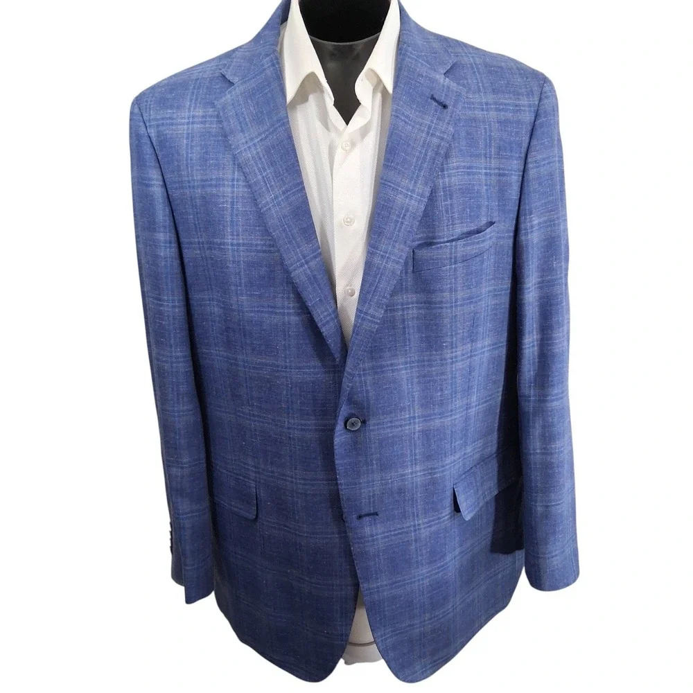 Joseph Abboud Sport Coat Mens 48 Long Blue Plaid Wool Silk Linen Classic Fit